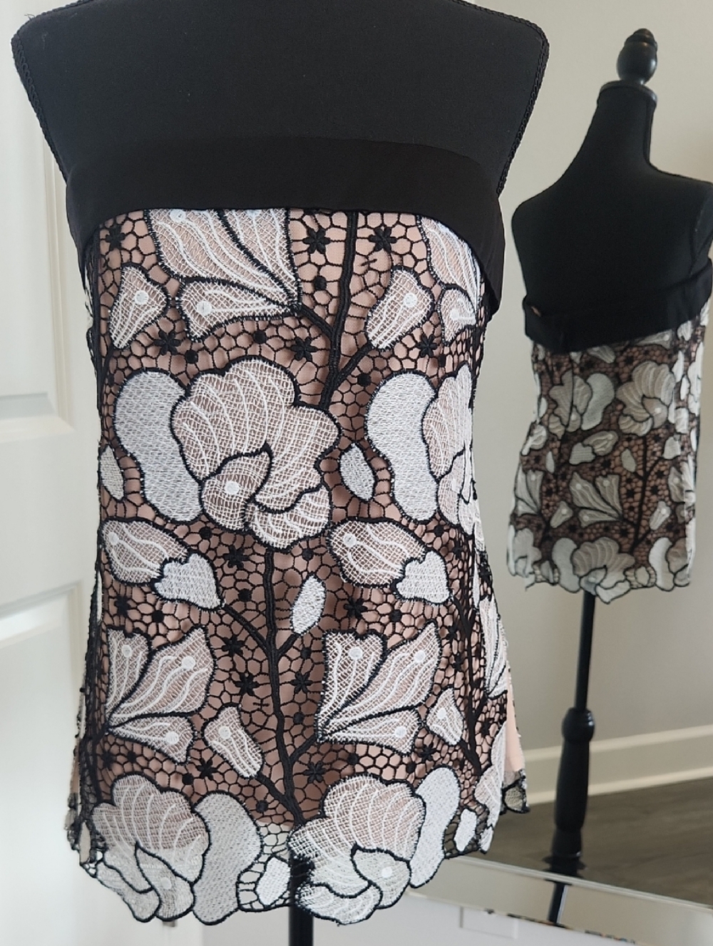 BCBGMaxAzria Strapless Corset Top - Nude Lined with Blk & White Embroidered Lace